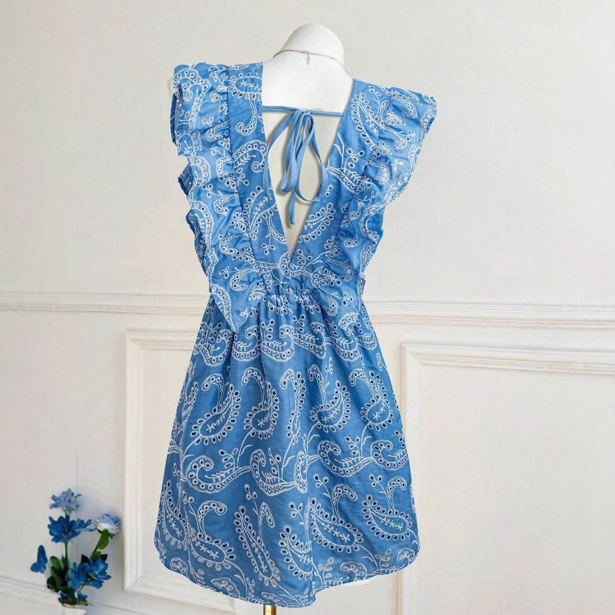 Casual Blue V-neck Embroidered Lace Dress Vacation Leisure photo 1