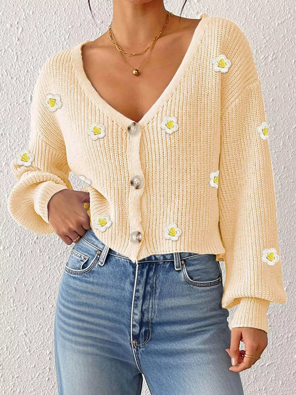 Floral V-neck Button-down Cropped Cardigan (7)