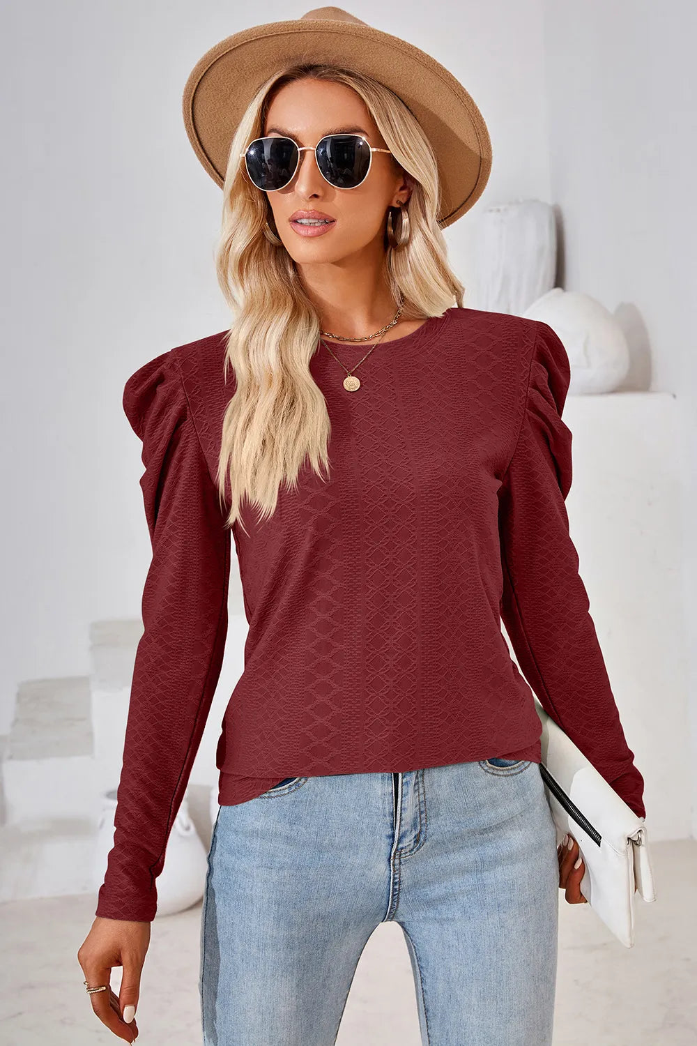 Round Neck Puff Sleeve Blouse (11)
