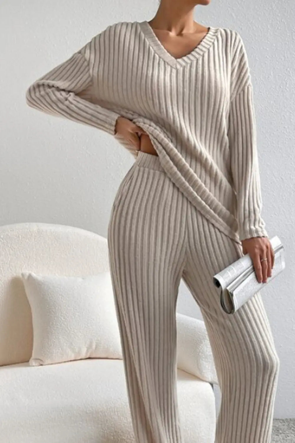 Ribbed V-neck Top Pants Set (17)