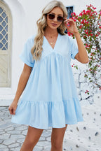 Ruched Tiered V-neck Short Sleeve Mini Dress (12)
