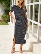 Striped Polo Collar Top Slit Skirt Two-piece Set (3)