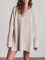Openwork Round Neck Long Sleeve Slit Sweater (3)
