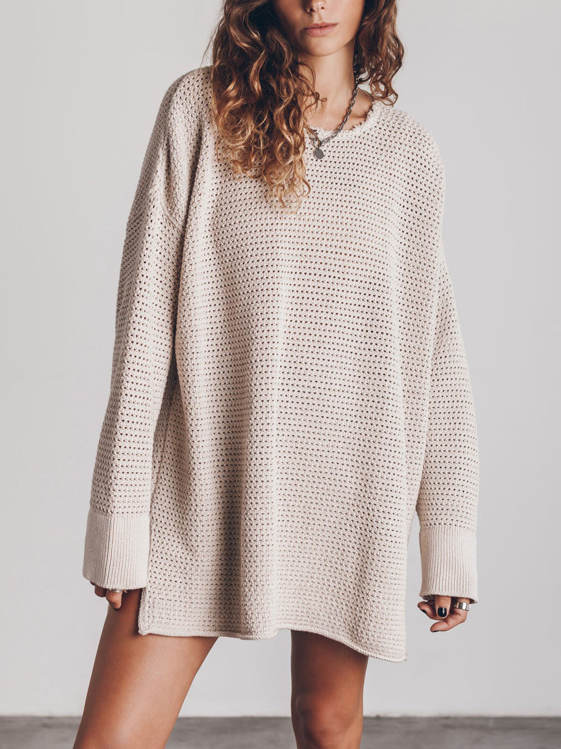 Openwork Round Neck Long Sleeve Slit Sweater (3)