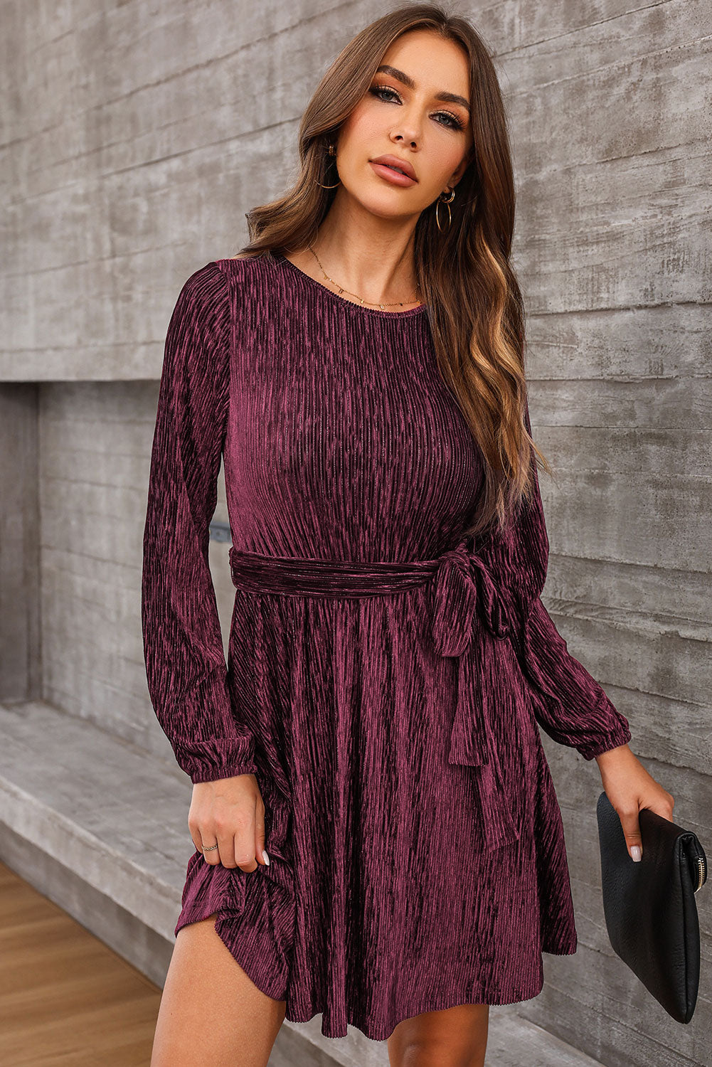 Round Neck Tie Front Long Sleeve Dress (6)