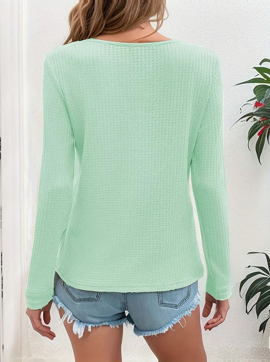 Waffle Knit Button-detail V-neck T-shirt (12)