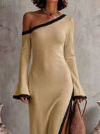 Slit One-shoulder Contrast Trim Maxi Dress (10)