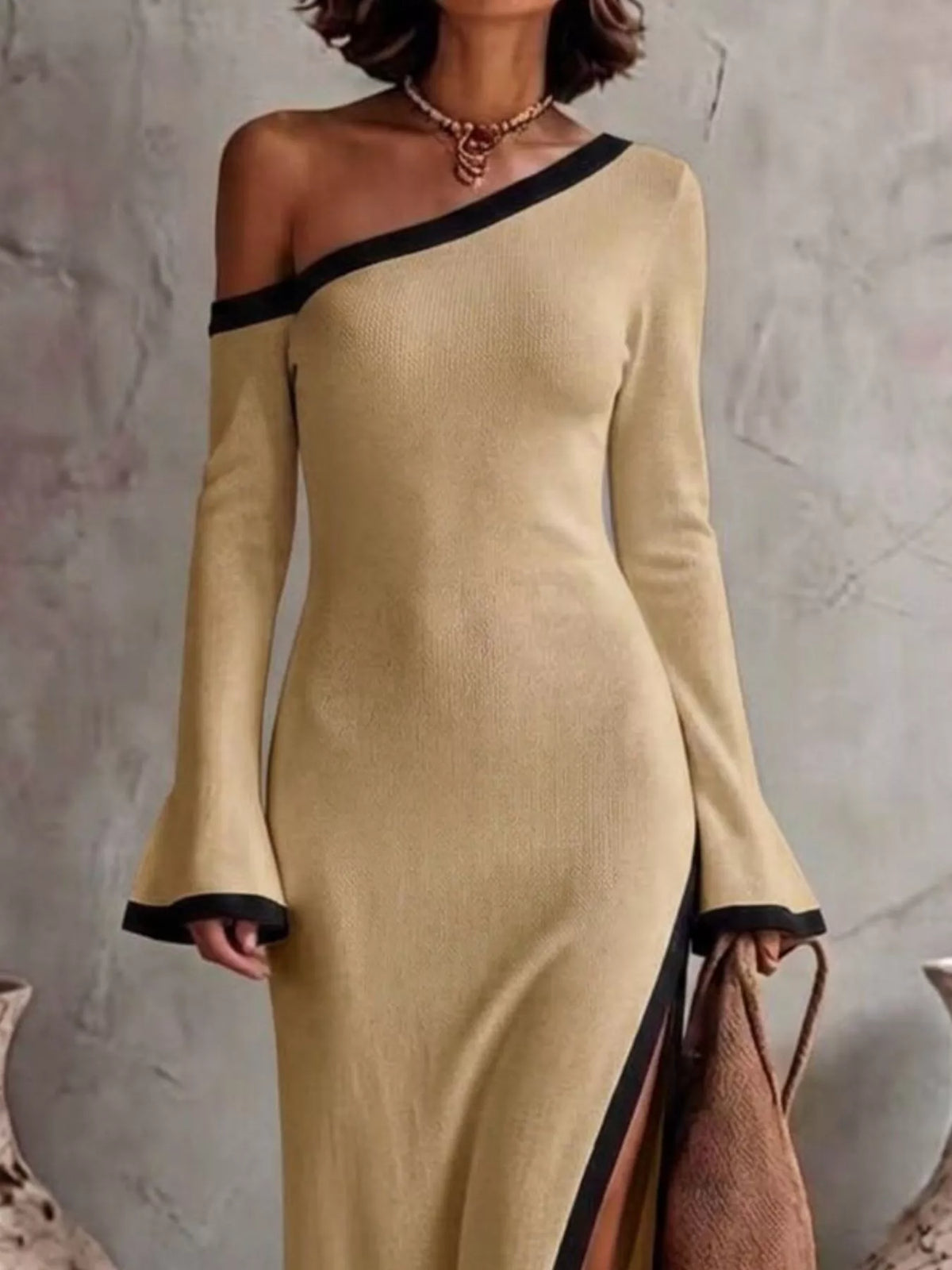 Slit One-shoulder Contrast Trim Maxi Dress (10)