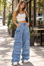 American High Street Multi-pocket Washed Baggy Jeans styled on a model