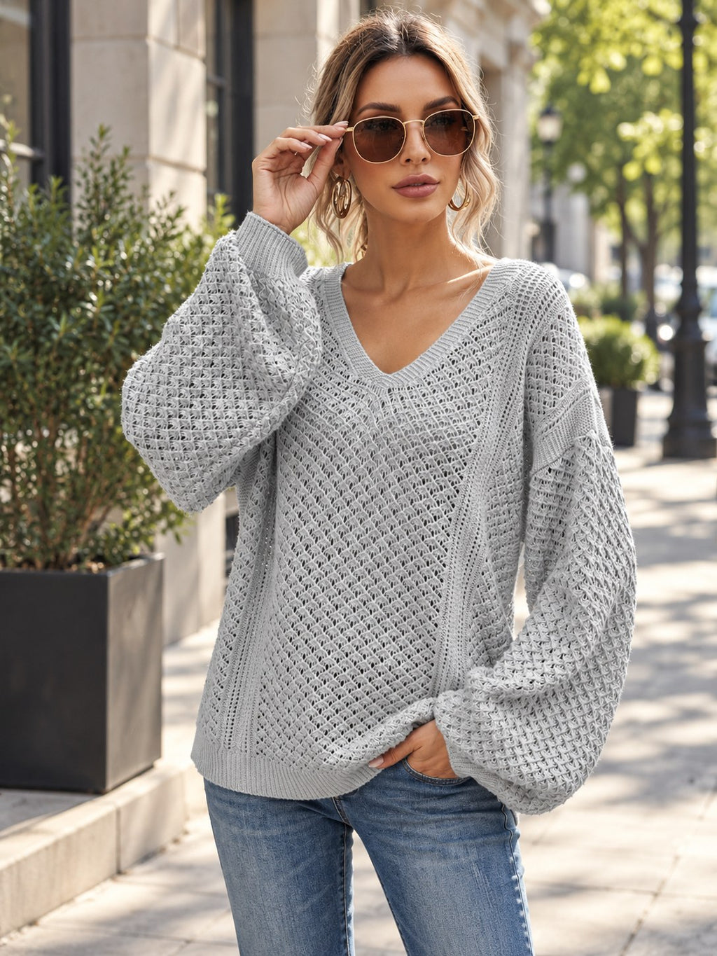 V-neck Dropped Shoulder Sweater styled on a model