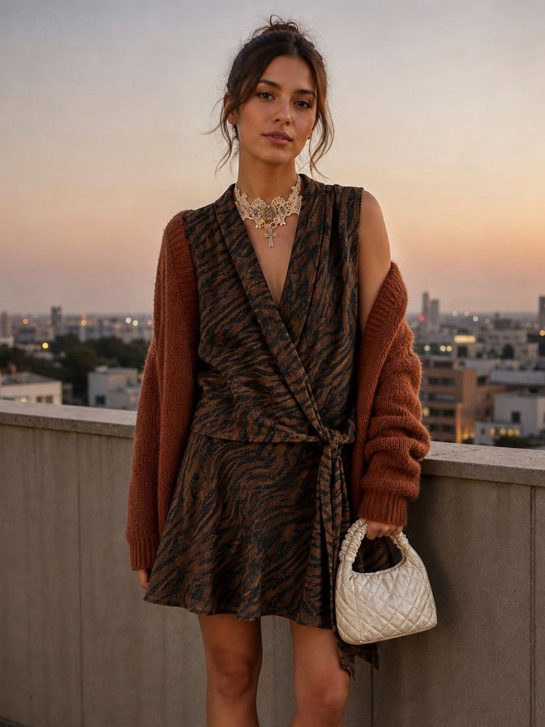 Animal Print Double Breasted Mini Dress worn by a model