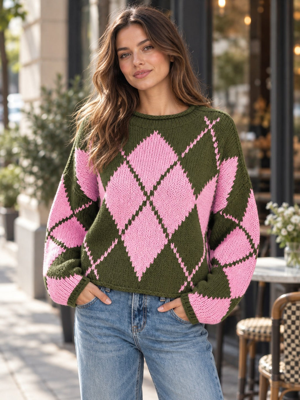 Argyle Pattern Knit Dropped Shoulder Sweater styled on a model