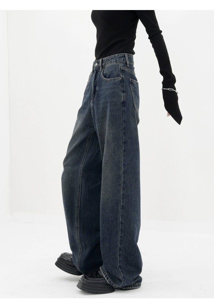 Retro Dark Blue Wide Leg Jeans Baggy Straight Trousers photo 12