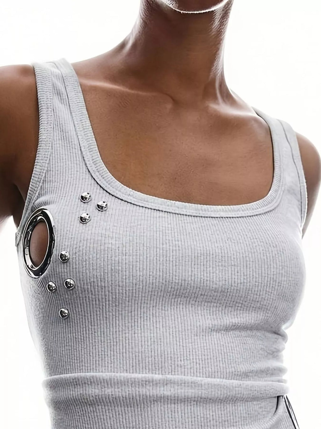 Ribbed Tank Top Metal Grommet Cutouts Stud Embellishments (5)