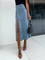 Front Button Slit Midi Denim Skirt (4)