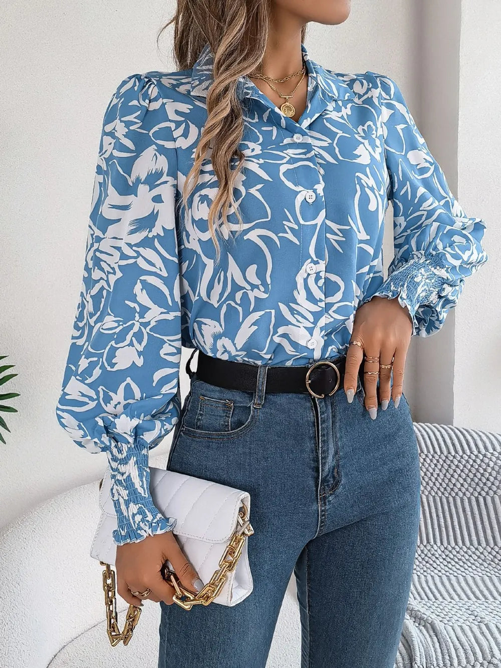 Printed Collared Neck Lantern Sleeve Shirt (4)