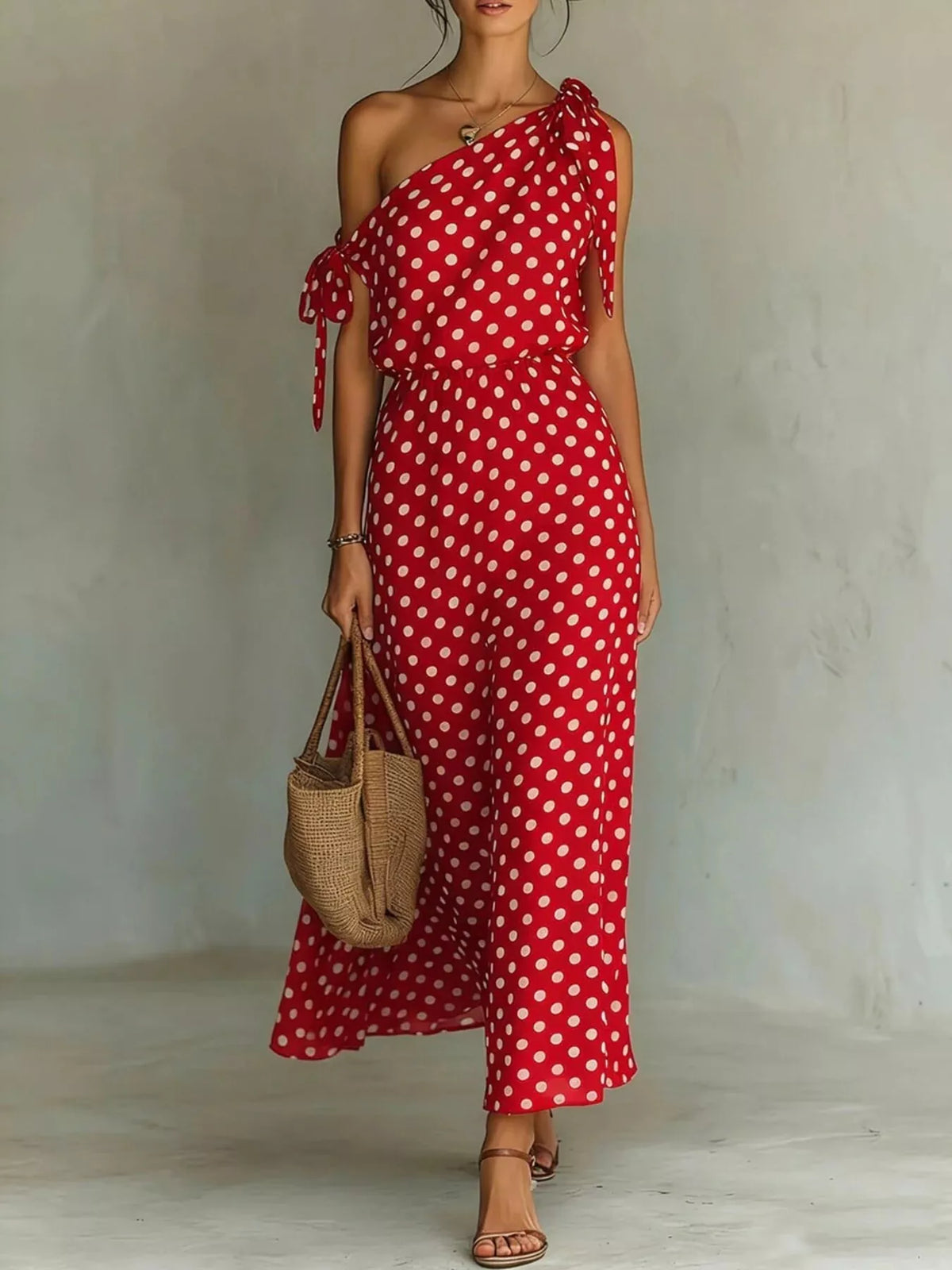 Full Size Polka Dot One-shoulder Maxi Dress Tie Details Plus (6)