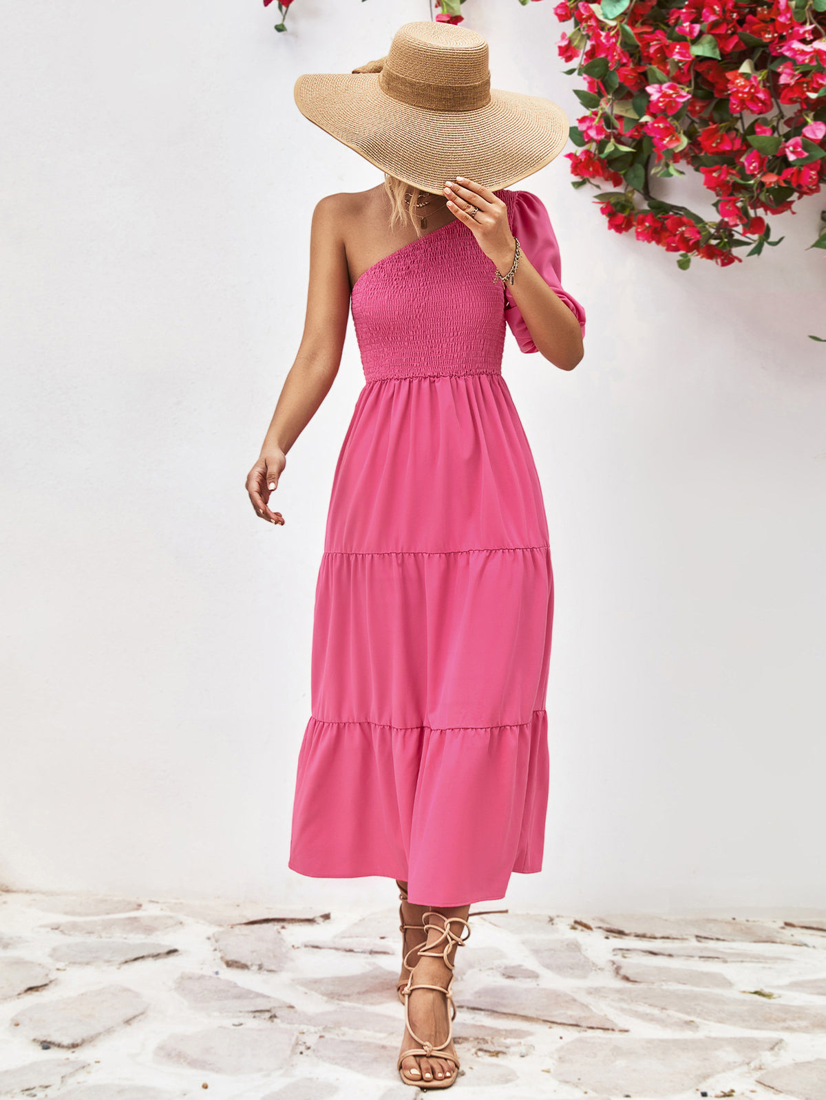 Smocked One-shoulder Midi Dress (3)