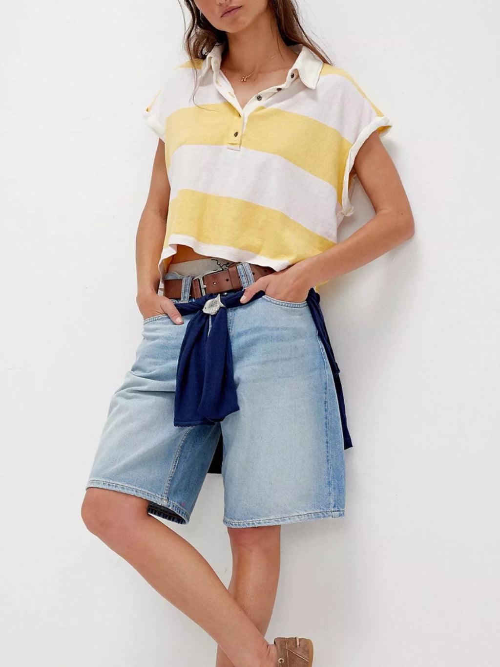 Half Button Striped Short Sleeve Cropped Polo Shirt (6)