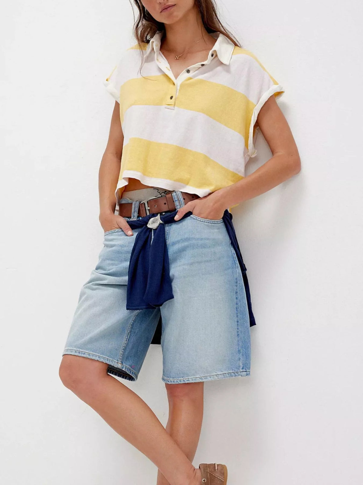 Half Button Striped Short Sleeve Cropped Polo Shirt (6)