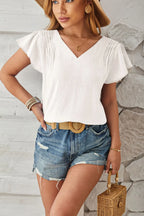 Ruched V-neck Flounce Sleeve Blouse (3)