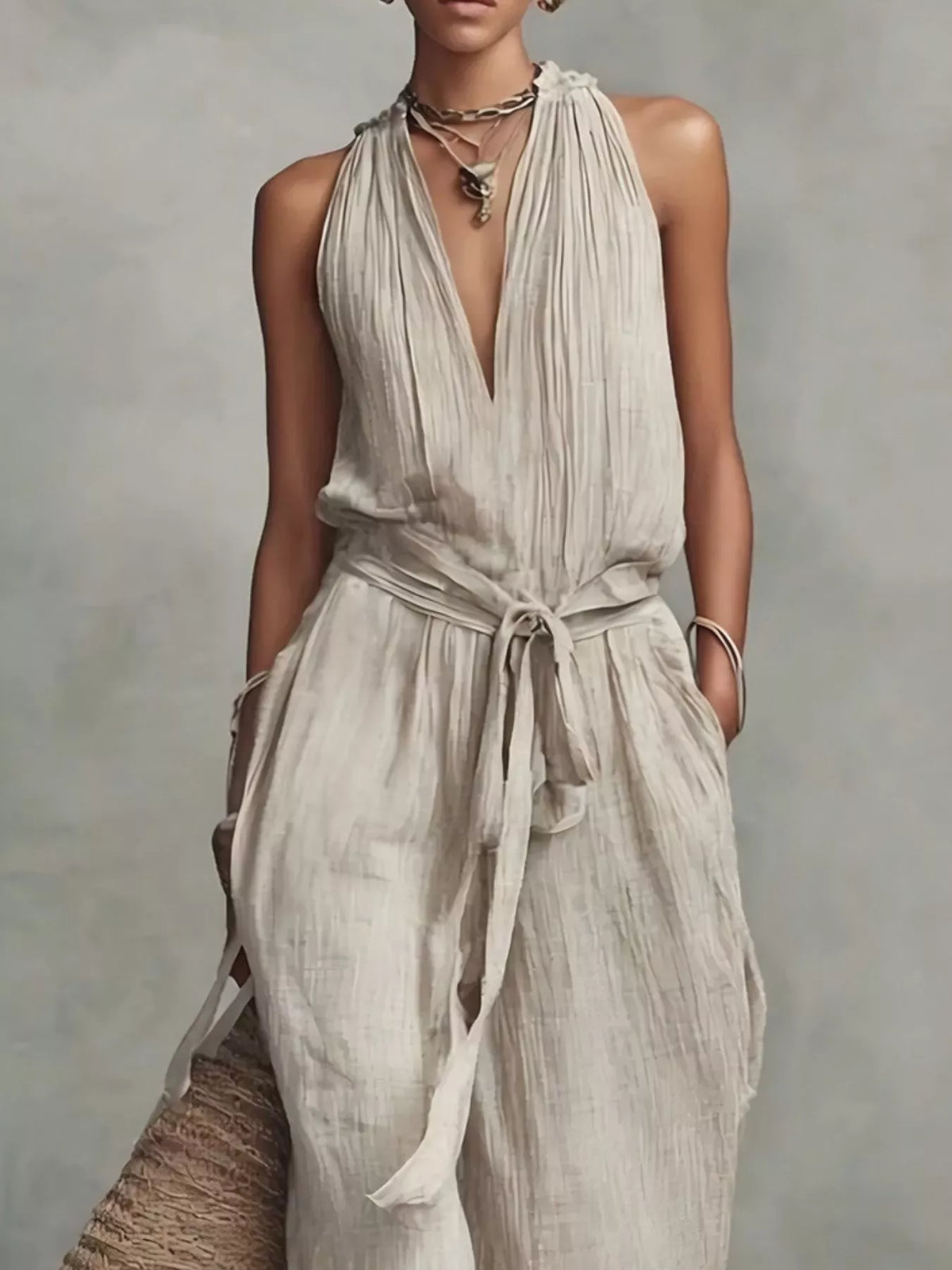 Sleeveless Wide-leg Jumpsuit Tie-waist (2)