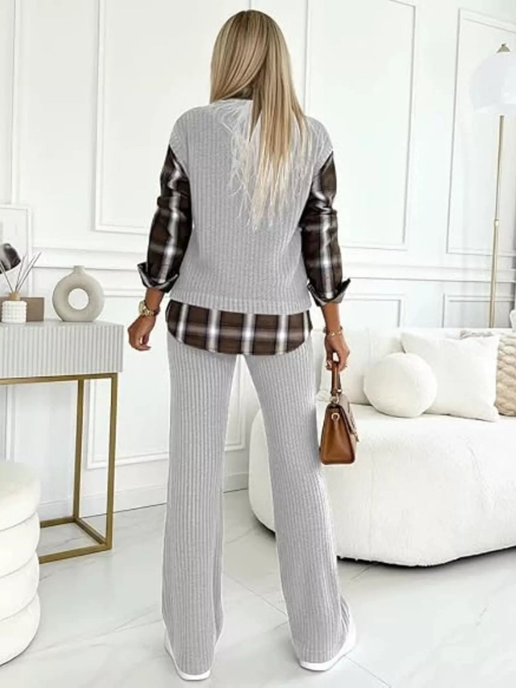 Ribbed Knit Plaid Sleeve Top Pants Set (5)