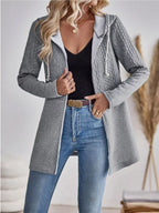 Drawstring Textured Zip Up Hooded Jacket (2)