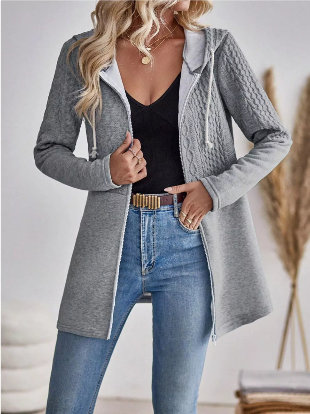 Drawstring Textured Zip Up Hooded Jacket (2)