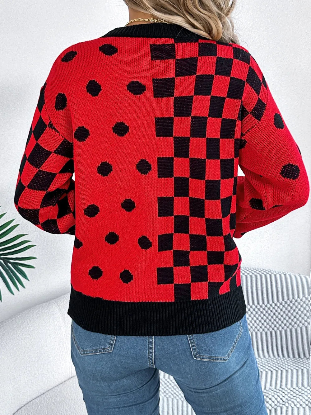 Plaid Round Neck Long Sleeve Sweater (8)