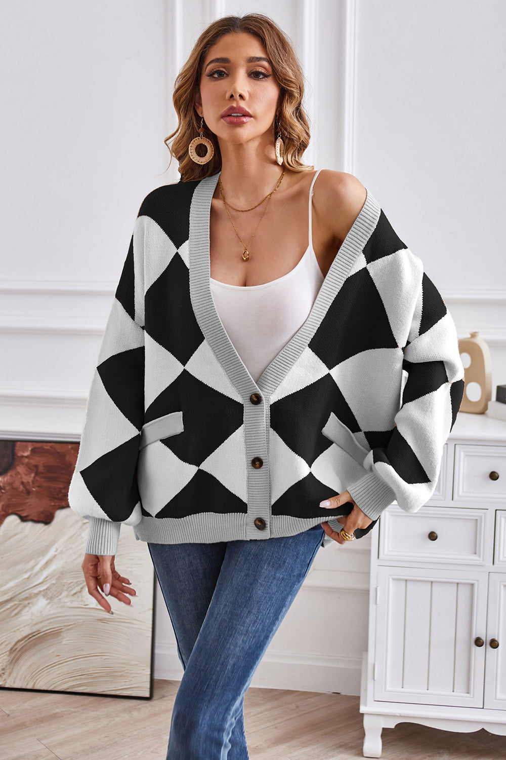 Geometric Lantern Sleeve Cardigan Pockets (3)