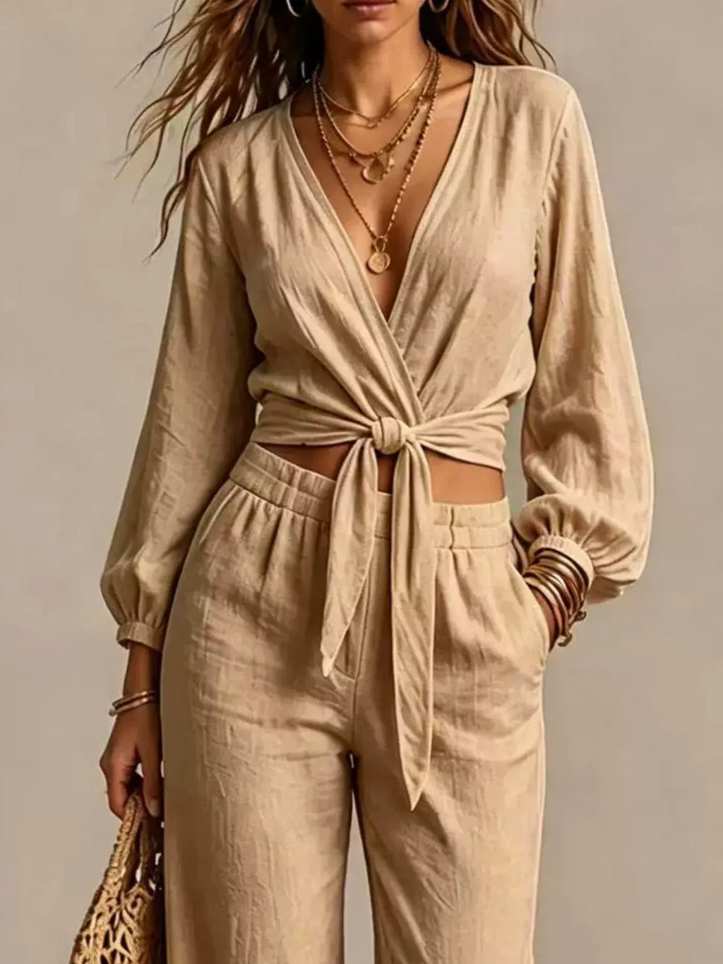 Tie-front Crop Top Wide-leg Pant Set (8)