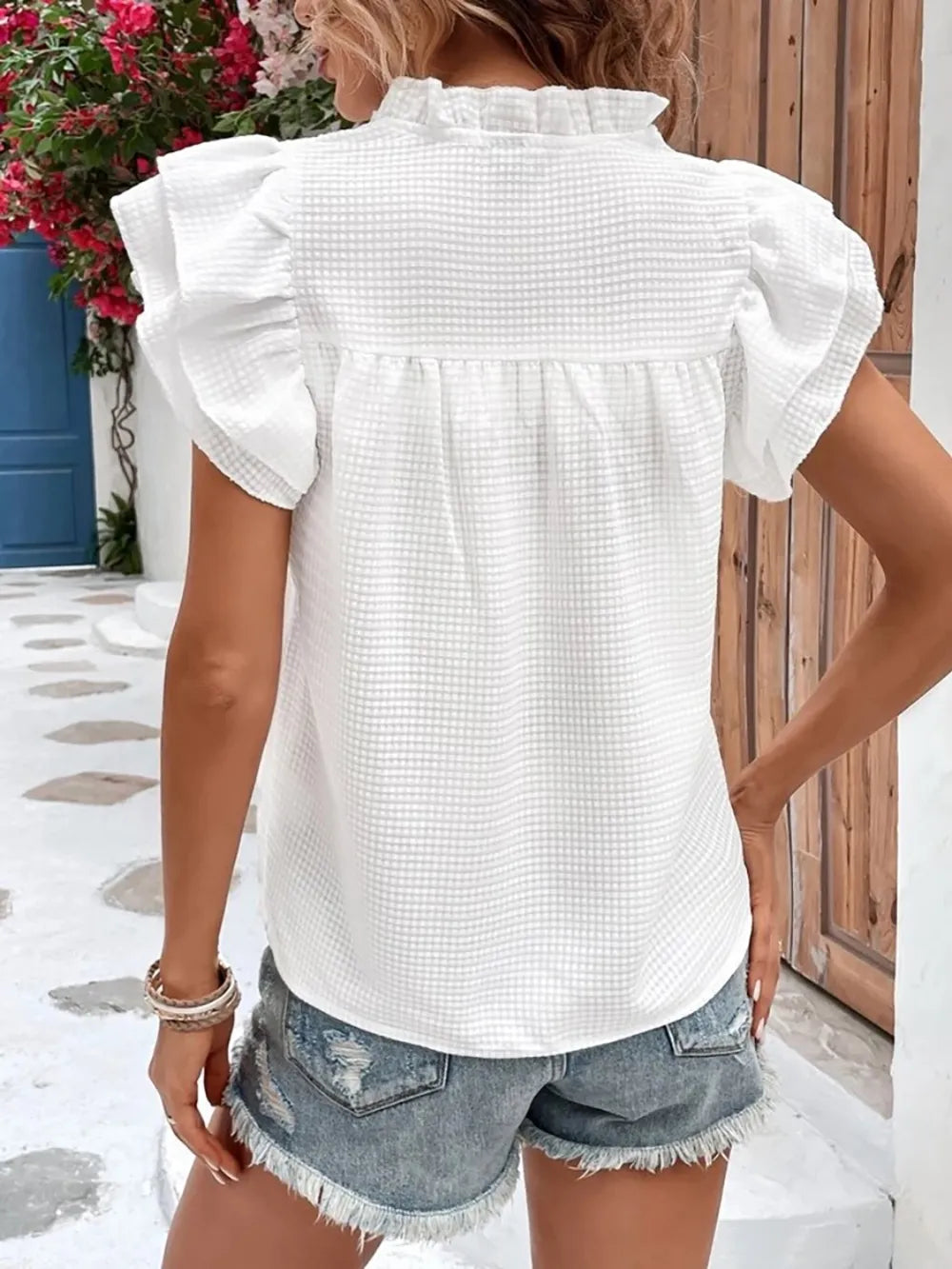 Ruffled Notched Cap Sleeve Blouse (4)