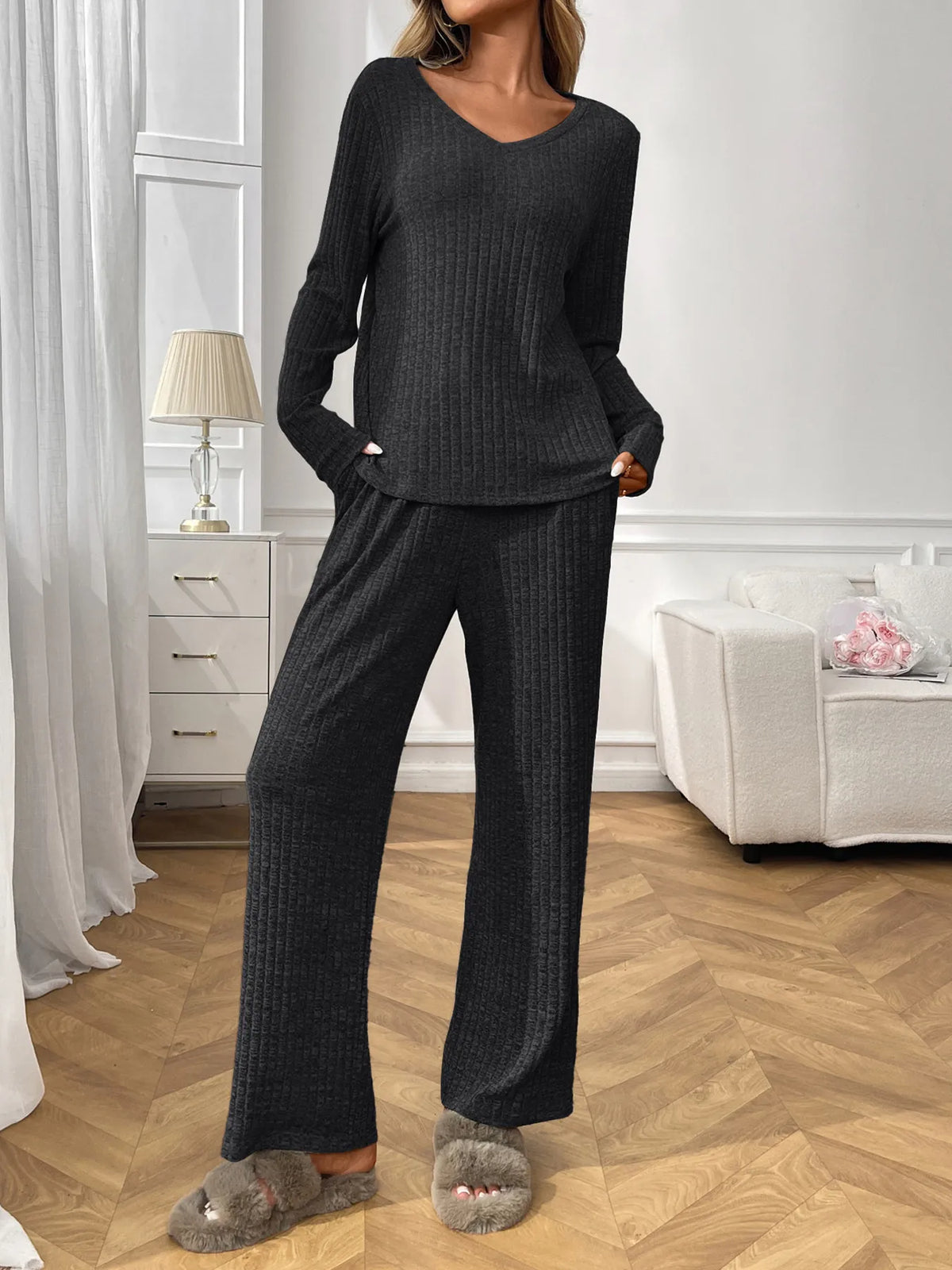 Ribbed Long Sleeve Top Pants Lounge Set (14)