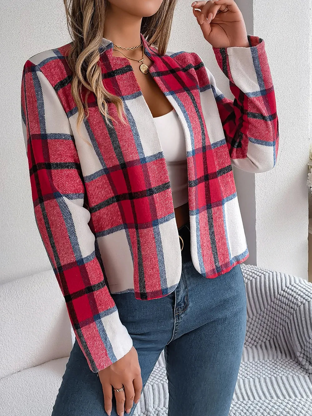 Plaid Open Front Long Sleeve Jacket (14)