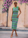 Striped Round Neck Sleeveless Midi Cover Up Dress (5)
