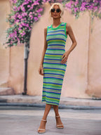 Striped Round Neck Sleeveless Midi Cover Up Dress (5)