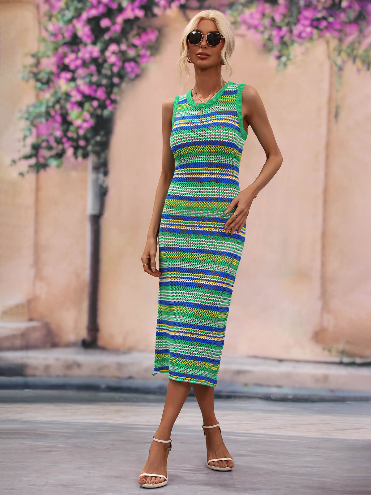 Striped Round Neck Sleeveless Midi Cover Up Dress (5)