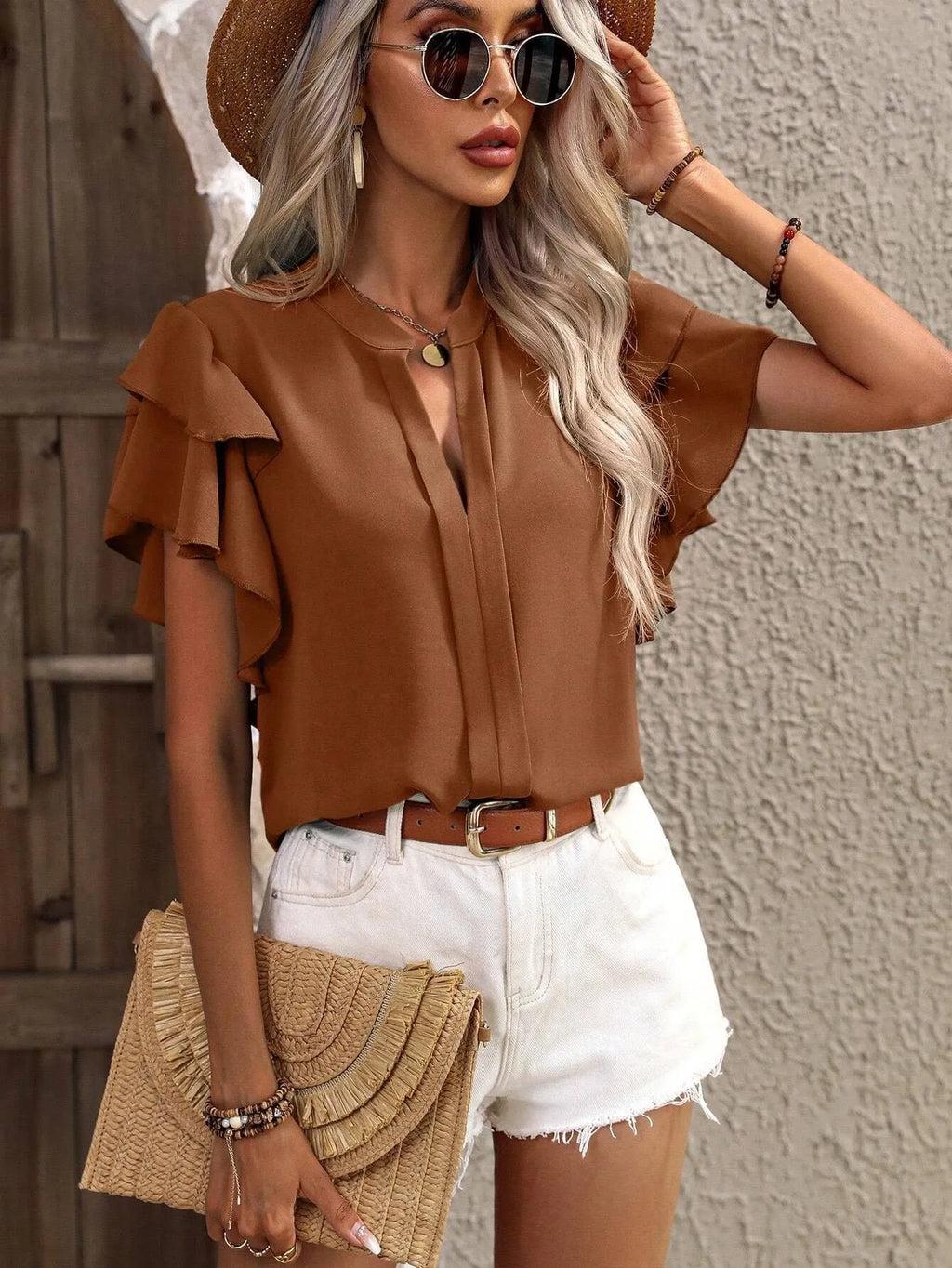 Ruffle Sleeve Notched Blouse (11)