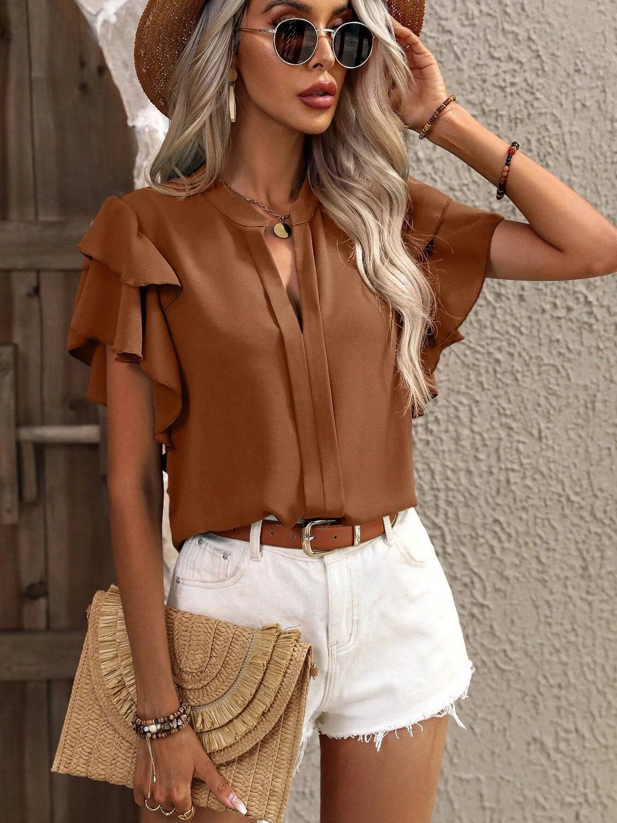 Ruffle Sleeve Notched Blouse (11)