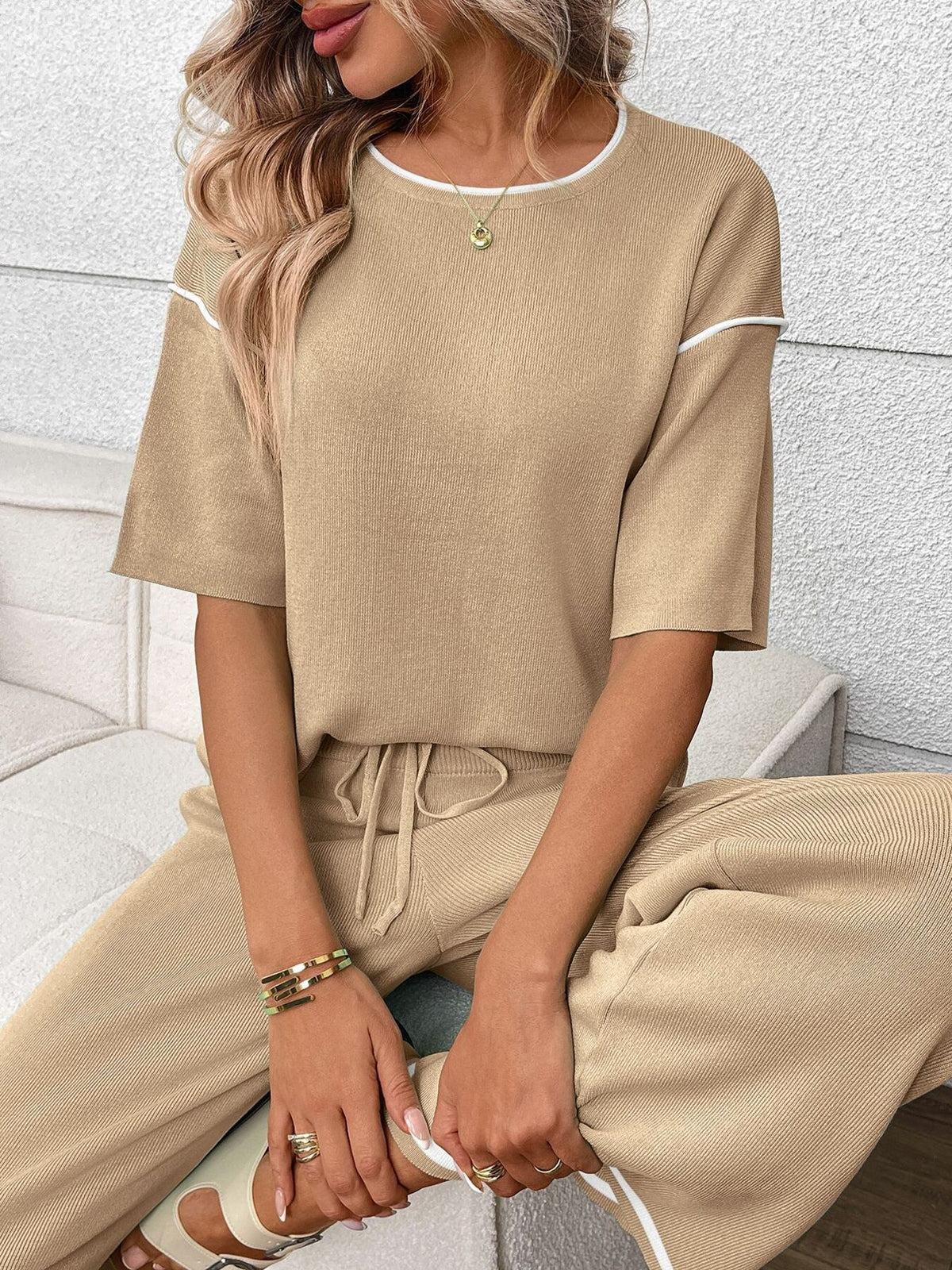 Round Neck Half Sleeve Top Pants Set (17)