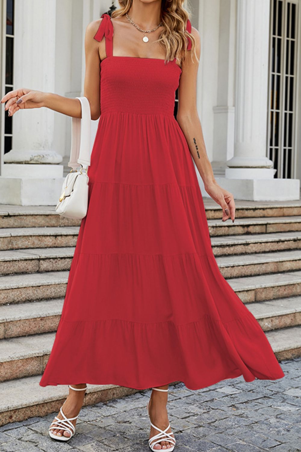 Tie-shoulder Smocked Tiered Dress (10)