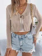 Crochet Knit Tie Front Cropped Cardigan (2)