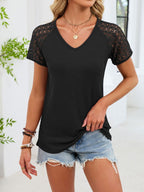 Lace Sleeve V-neck Waffle Knit T-shirt (13)