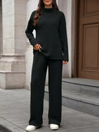 Ribbed Turtleneck Dropped Shoulder Top Pants Sweater Set (24)