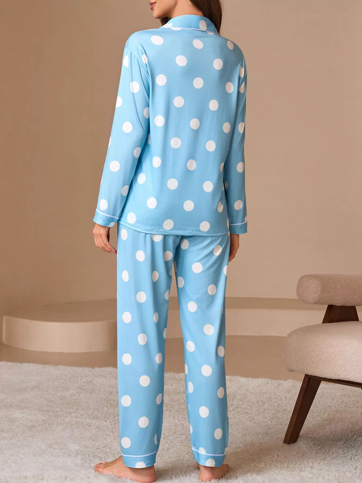 Polka Dot Button-down Top Pants Lounge Set (6)