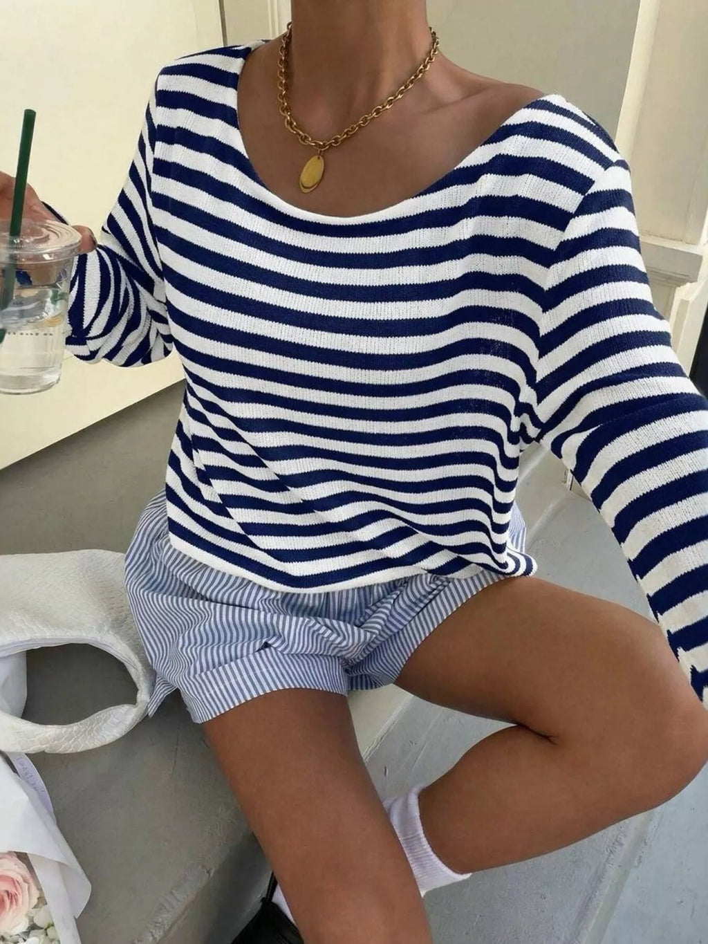 Boat Neck Striped Long Sleeve T-shirt (9)