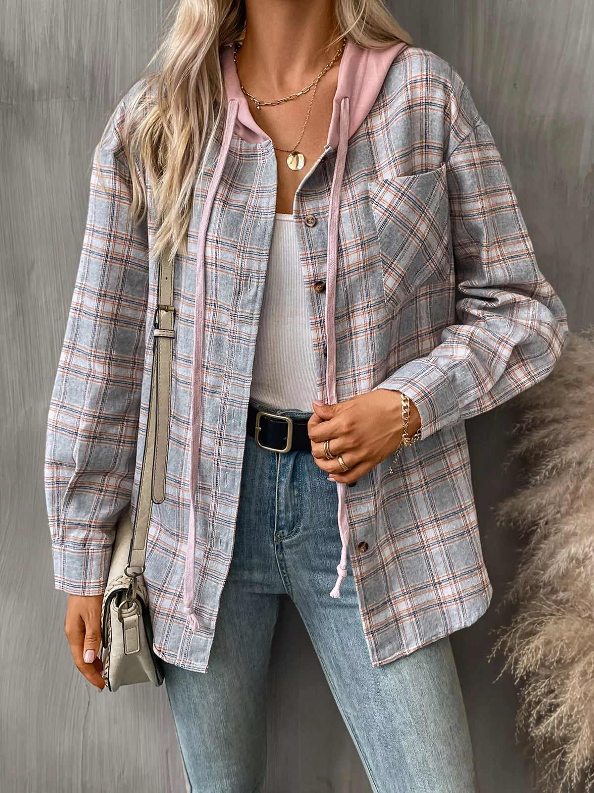Plaid Button-up Hooded Shirt Chest Pocket (23)
