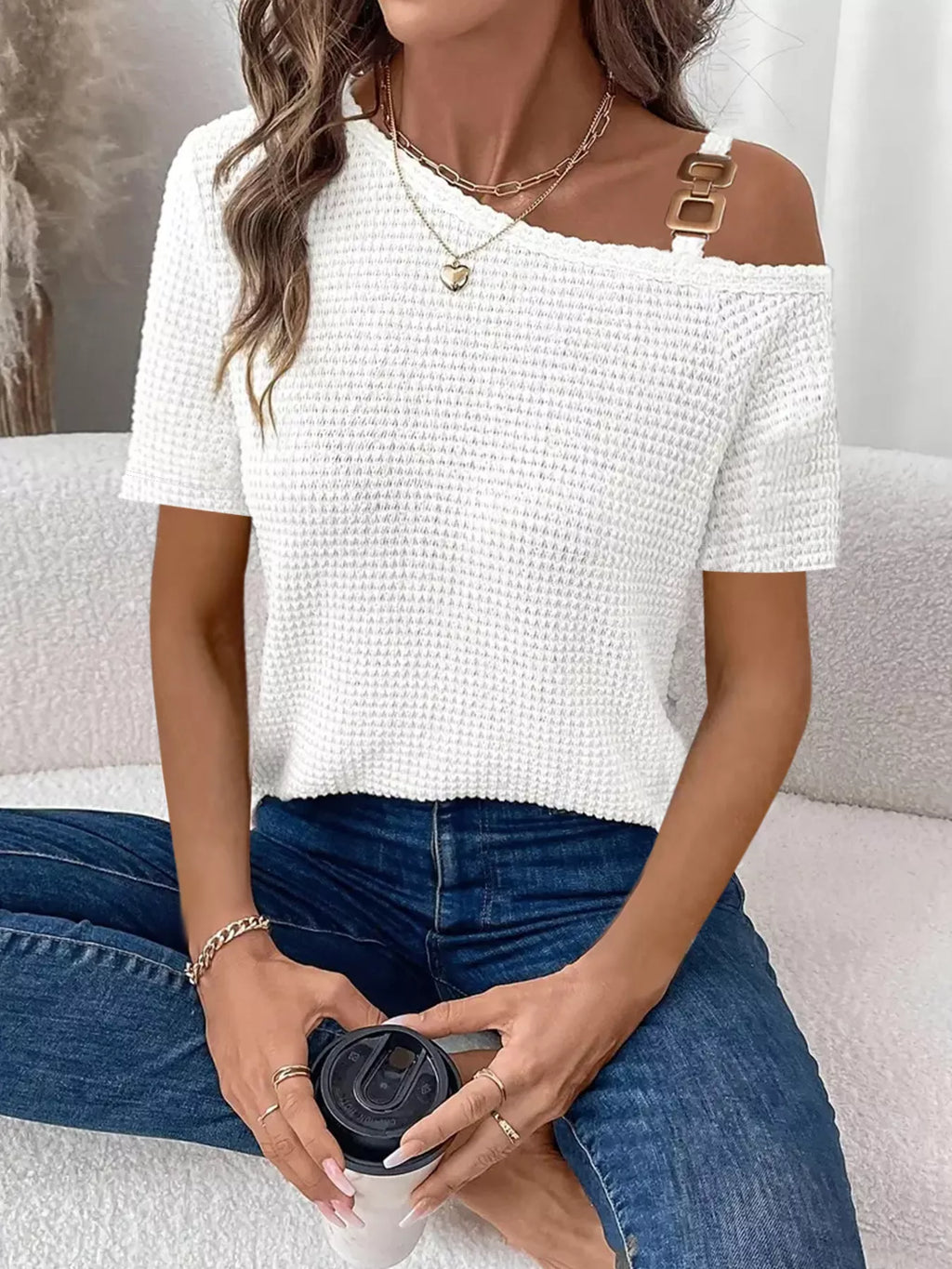 One-shoulder Chain Detail Waffle Knit T-shirt (5)