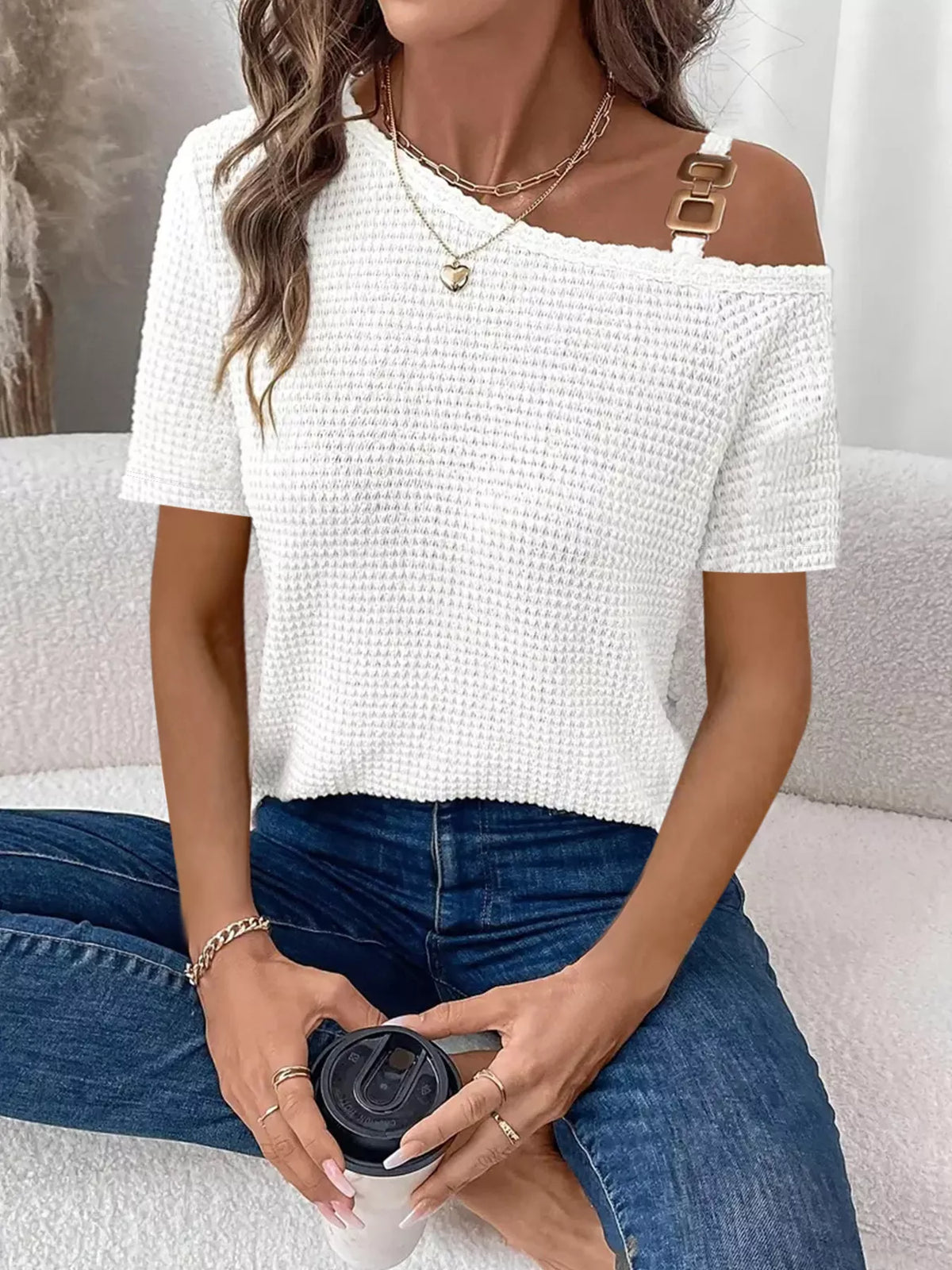One-shoulder Chain Detail Waffle Knit T-shirt (5)